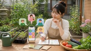 家庭菜園アプリを比較しながら菜園ノートと野菜苗を確認する日本人女性