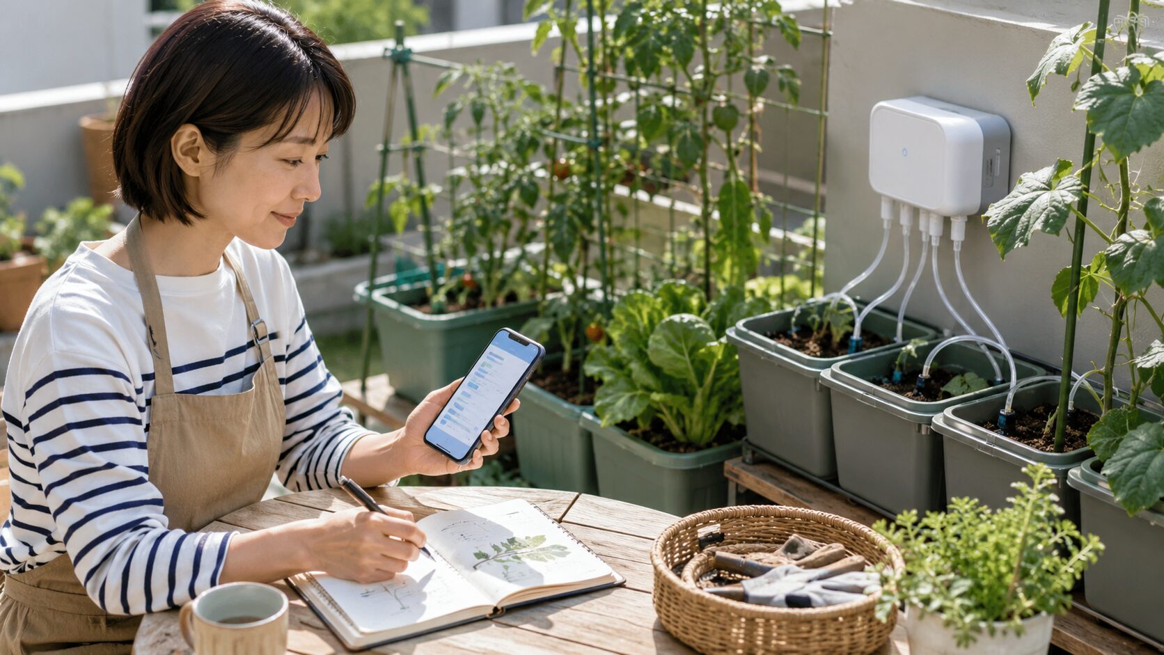家庭菜園の作業予定をスマホアプリで確認する日本人女性と野菜プランター