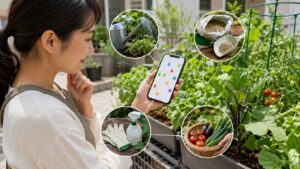 スマホアプリと菜園ノートと自動水やり器を併用して家庭菜園を管理する様子