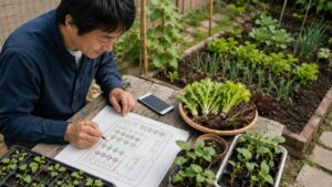苗と菜園図を見ながら家庭菜園の作付け計画を立てる日本人男性