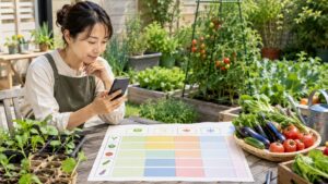 複数の家庭菜園アプリを比較しながら作業計画を整理する日本人女性