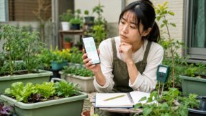 家庭菜園アプリ無料版の制約を確認しながら水分計とノートで補助する日本人女性