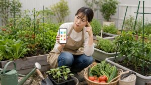 家庭菜園アプリの写真保存やクラウド同期とプライバシーを確認する日本人女性