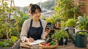 スマホアプリと菜園ノートで収穫野菜と作業予定を管理する家庭菜園の様子