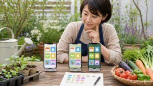 季節ごとの作付け計画をスマホと菜園カレンダーで整理する家庭菜園の様子