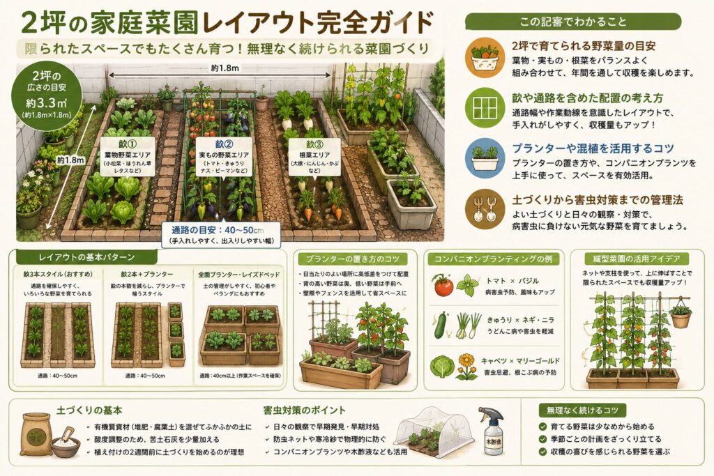家庭菜園 2 坪 レイアウト事例集 おしゃれで機能的な畝設計