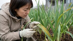 にんにくの葉に出たさび病の初期サインを確認する日本人女性