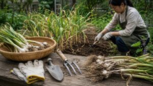 にんにく収穫に使う移植ゴテや園芸フォークと収穫かご