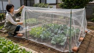家庭菜園で支柱と固定具を使って防鳥ネットを設置する手順