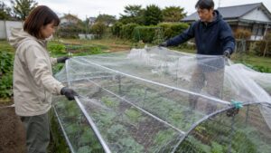 防鳥ネットをねじれないように二人で広げる作業風景