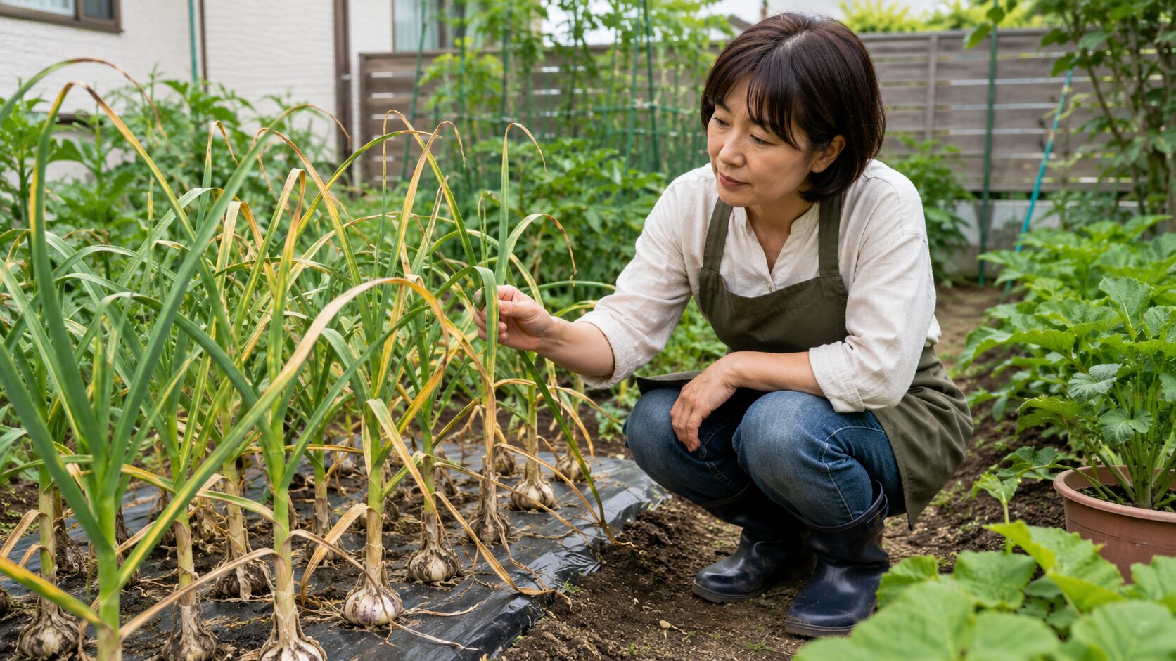 家庭菜園で葉が黄変したにんにくを確認する女性