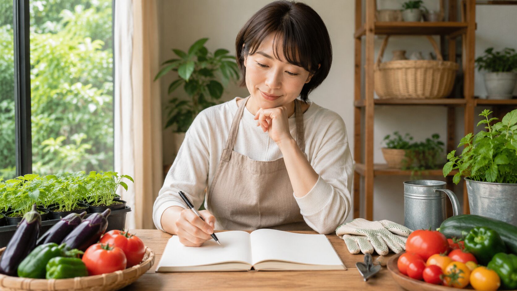 家庭菜園ノートに野菜の栽培記録を書き始める日本人女性
