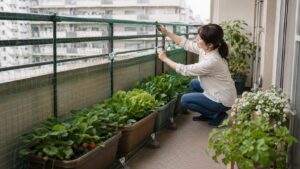 ベランダのプランター菜園に防鳥ネットを張って野菜を守る様子