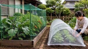 家庭菜園で防鳥ネットと防虫ネットを使い分けて野菜を守る様子