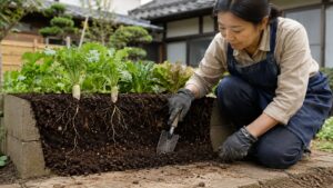 一坪菜園で野菜の根が伸びる土の深さを確認する様子