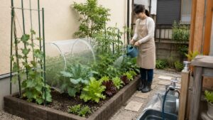 初心者向け一坪家庭菜園で水やりと防虫ネット管理をする様子