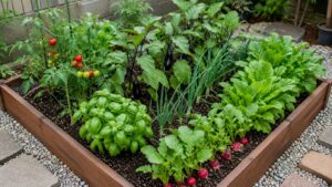 ミニトマトとバジルなどを組み合わせた一坪菜園の混植例