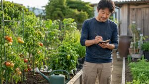 家庭菜園で野菜の様子を見ながらノートに栽培記録を書く日本人男性