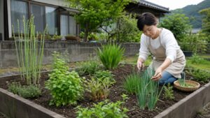 一坪菜園で毎年収穫しやすいアスパラガスやネギ類の栽培例