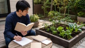 一坪ミニ菜園を本や記録で学びながら育てる様子