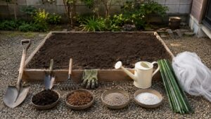 一坪菜園の土作りに必要な道具と資材をそろえた例