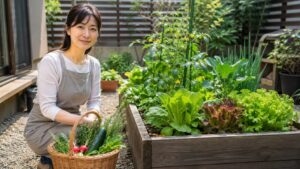 一坪の家庭菜園で収穫を楽しむ初心者向けの成功イメージ