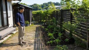 家庭菜園の設置位置を日当たりや風通しから確認する日本の庭
