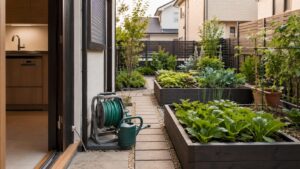 キッチンから近く水やりしやすい家庭菜園レイアウトの例