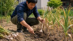 園芸フォークで土をほぐしてにんにくを収穫する様子