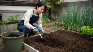 家庭菜園の土作りで堆肥を混ぜる日本人女性の作業風景