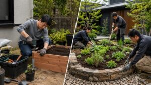家庭菜園のDIY施工と業者施工を比較できる庭づくりの作業風景