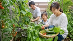 家庭菜園でミニトマトやキュウリを収穫する日本人家族