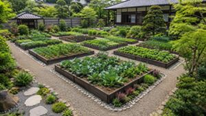 レイズドベッドを反復配置したおしゃれな家庭菜園の作り方例