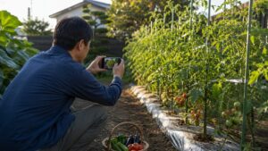 トマト畑をスマホで撮影して家庭菜園の成長記録を残す日本人男性