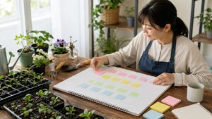 苗と付箋を使って家庭菜園の年間カレンダーを計画する日本人女性