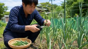 にんにくの芽をハサミで収穫する日本人男性