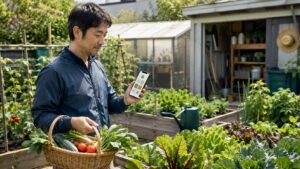 家庭菜園でスマホアプリを使って作業予定を確認する日本人男性