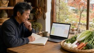 収穫後にノートとパソコンで家庭菜園の記録を振り返る日本人男性