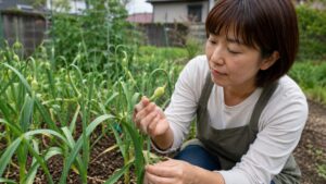 にんにくの芽の収穫時期を確認する日本人女性