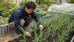大きなにんにくを育てるために畑の株間と土を確認する日本人男性
