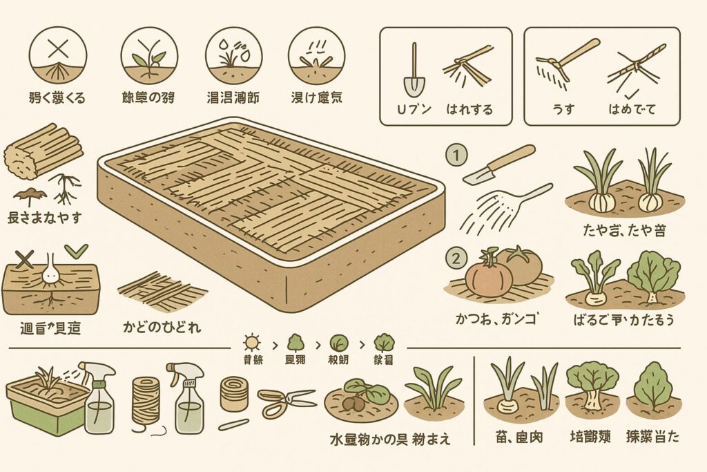 家庭菜園向け わらの敷き方完全版｜厚み・向き・デメリット対策