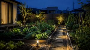ソーラーライトで通路を照らした夜のおしゃれな家庭菜園