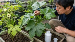 オクラの葉色と花の位置から肥料過多を確認する日本人男性
