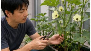 家庭菜園のオクラを毎日確認して収穫時期を見極める様子