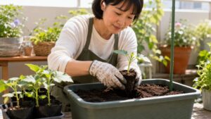 若いオクラ苗を根鉢を崩さず深型プランターへ植える様子