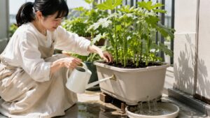 ベランダのオクラに水やりし土の湿りと排水を確認する様子