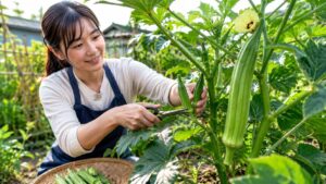 若いオクラと収穫遅れで大きくなったオクラを比較する家庭菜園