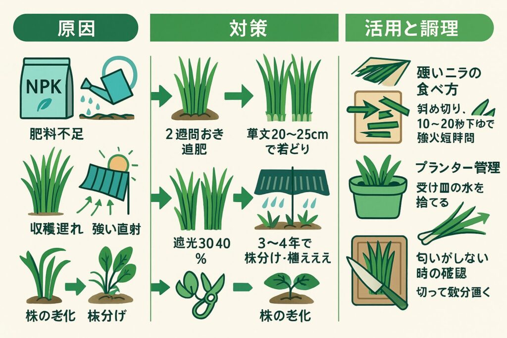 家庭菜園のニラがかたい原因と対策｜柔らかくする収穫管理術