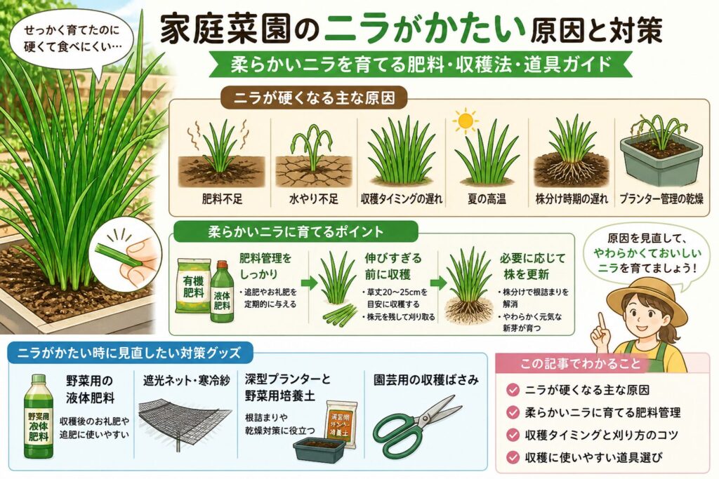 家庭菜園のニラがかたい原因と対策｜柔らかくする収穫管理術