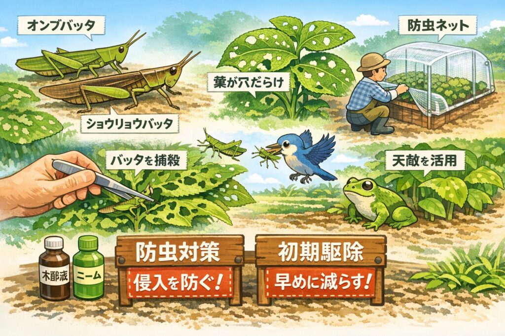 家庭菜園のバッタ駆除｜発生時期別の無農薬対策と予防法完全ガイド